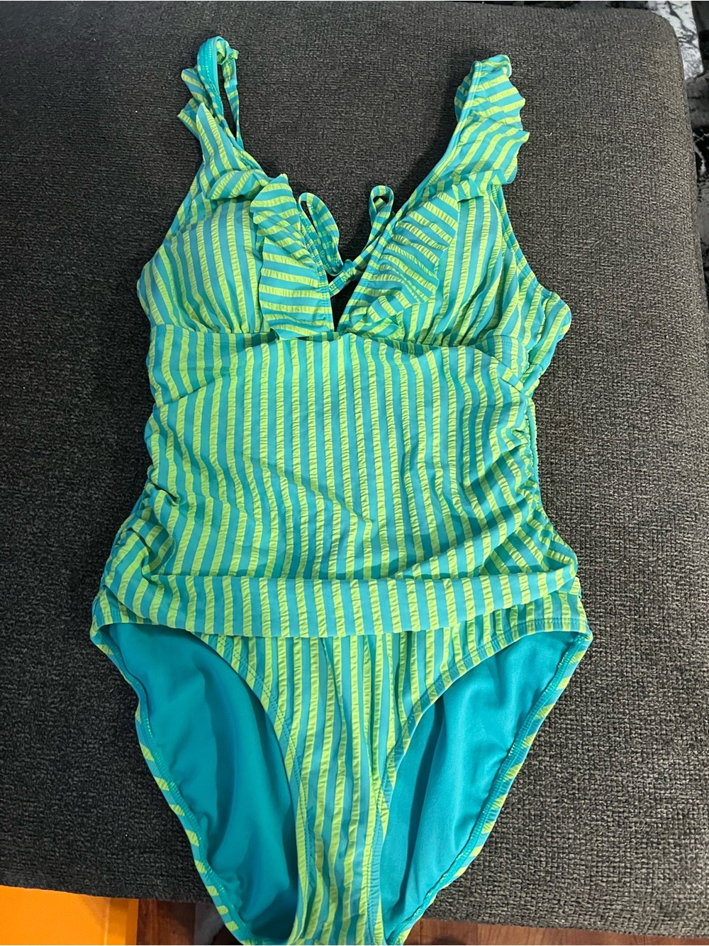 Ellen Tracy Teal and Lime Striped Ruffle-Shoulder One-Piece Swimsuit